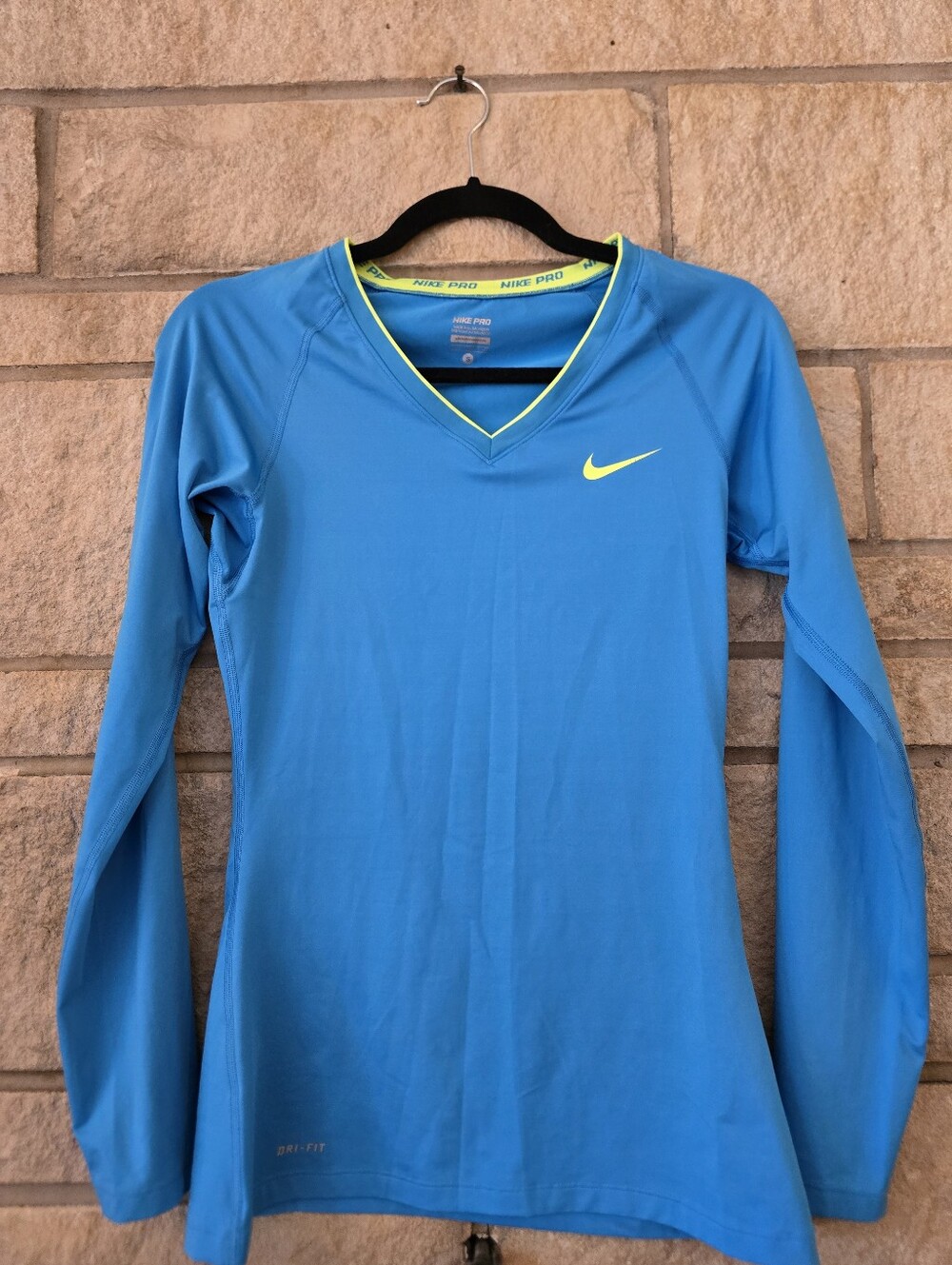 Nike Blue Long-Sleeve V-Neck Performance Top with Yellow Accents